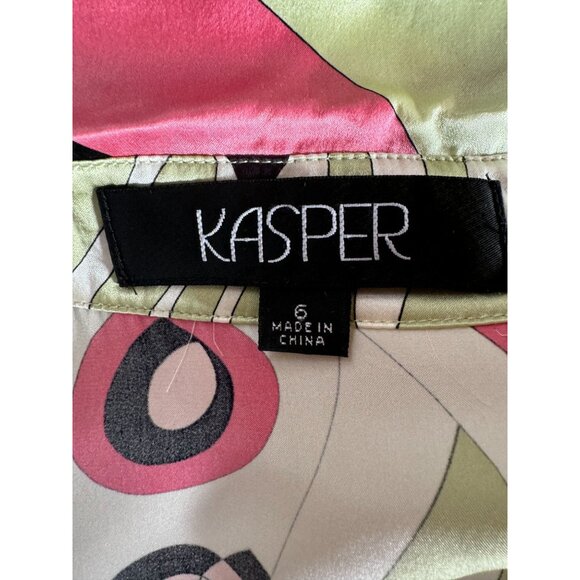 Silk Patterned Blouse By Kasper Size 6 - Green & Pink Design French Cuff Blemish - Picture 3 of 16